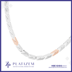 A Platizem link necklace featuring alternating silver and rose gold rectangular links, displayed on a clean white background with a blue border and brand logo at the bottom.