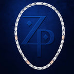 A circular chain necklace with alternating silver and rose gold links, arranged in an oval shape around a large embossed 'ZP' logo on a textured dark blue background.
