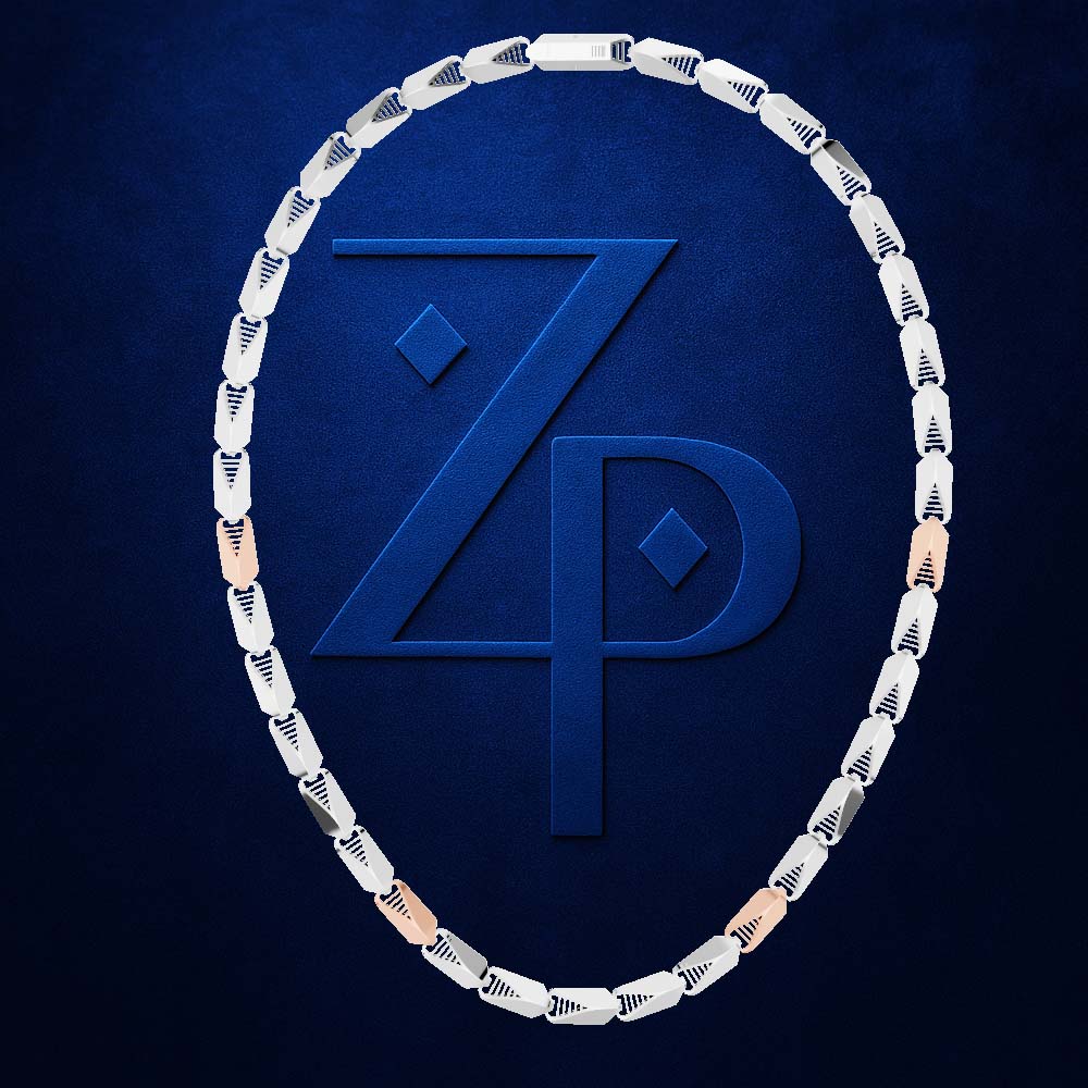 A circular chain necklace with alternating silver and rose gold links, arranged in an oval shape around a large embossed 'ZP' logo on a textured dark blue background.
