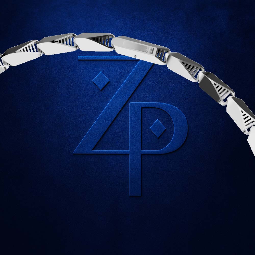 A close-up of a dark blue textured background with a large embossed stylized 'ZP' logo and a curved silver metallic link chain arching over it.