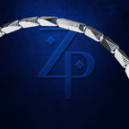 A close-up of a dark blue textured background with a large embossed stylized 'ZP' logo and a curved silver metallic link chain arching over it.