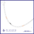 A curved white platinum band featuring small embedded clear stones and two rose gold diamond accents, displayed on a clean white background with the Platizem brand logo at the bottom.