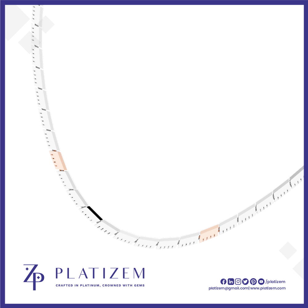 A curved white platinum band featuring small embedded clear stones and two rose gold diamond accents, displayed on a clean white background with the Platizem brand logo at the bottom.