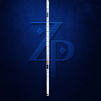 A white measuring tape ruler with black markings and a small orange accent, vertically aligned in the center of a textured dark blue background with a large embossed stylized 'ZP' logo.