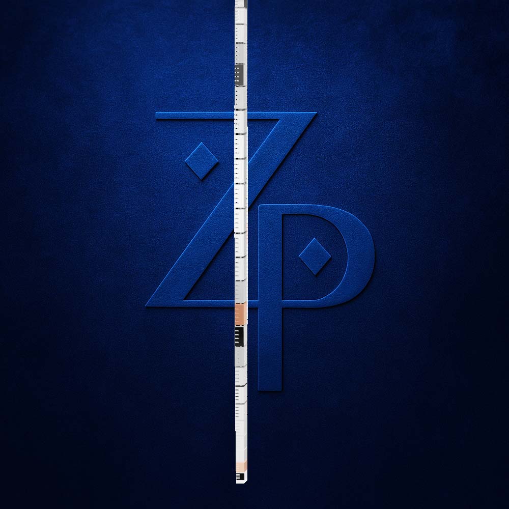A white measuring tape ruler with black markings and a small orange accent, vertically aligned in the center of a textured dark blue background with a large embossed stylized 'ZP' logo.