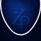 A dark blue textured background featuring a large embossed stylized 'ZP' monogram in the center, framed by a white rope-like oval border.