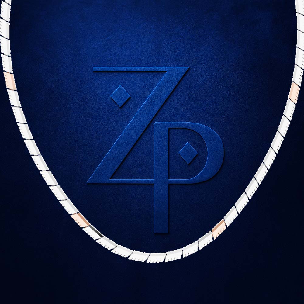 A dark blue textured background featuring a large embossed stylized 'ZP' monogram in the center, framed by a white rope-like oval border.