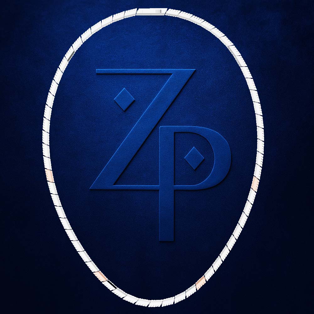 A dark blue textured square graphic featuring a large embossed stylized 'ZP' monogram inside an oval border with a white rope-like outline.