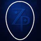 A dark blue textured square graphic featuring a large embossed stylized 'ZP' monogram inside an oval border with a white rope-like outline.