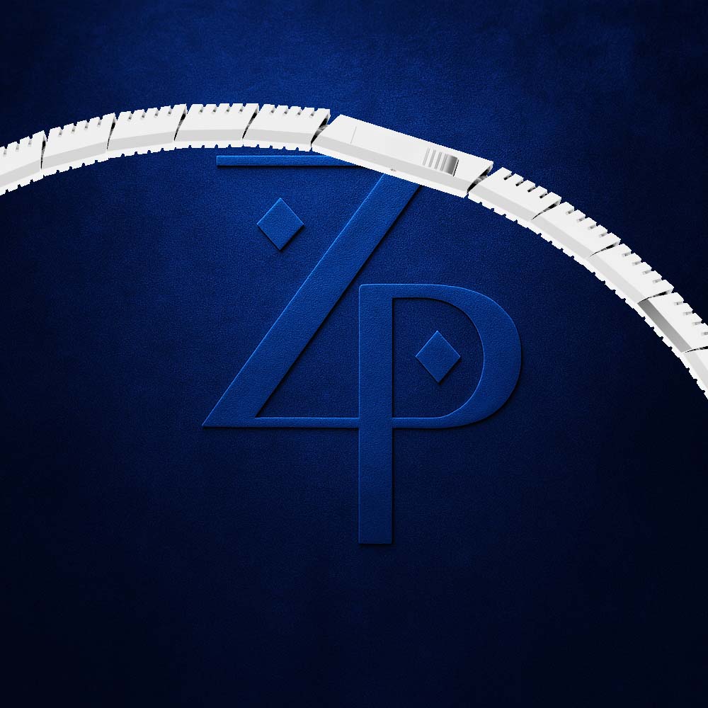 A stylized blue monogram logo reading 'ZP' with a white curved strip resembling a tire tread or segmented track arching above it on a textured dark blue background.