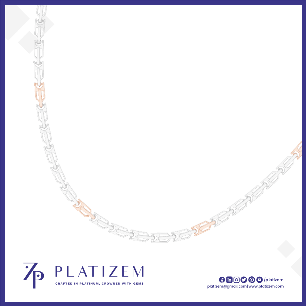 A platinum chain necklace with rose gold accent links, displayed in a curved shape on a white background with a blue border. The brand name 'PLATIZEM' is visible at the bottom.