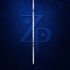 A stylized blue 'ZP' monogram logo centered on a dark textured blue background, with a narrow vertical white and black striped bar running down the middle.