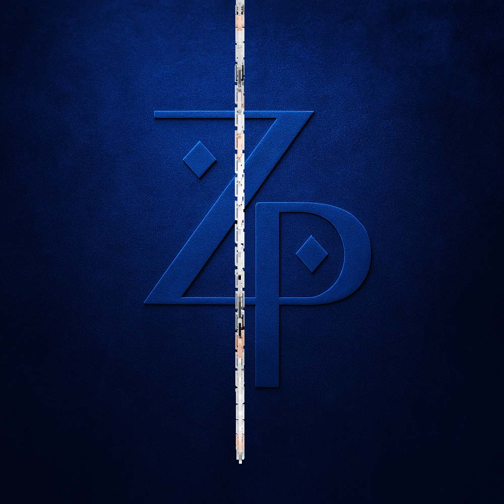 A stylized blue 'ZP' monogram logo centered on a dark textured blue background, with a narrow vertical white and black striped bar running down the middle.