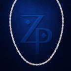 A dark blue textured background featuring a large embossed stylized 'ZP' monogram in matching blue, surrounded by a silver chain forming an oval frame.