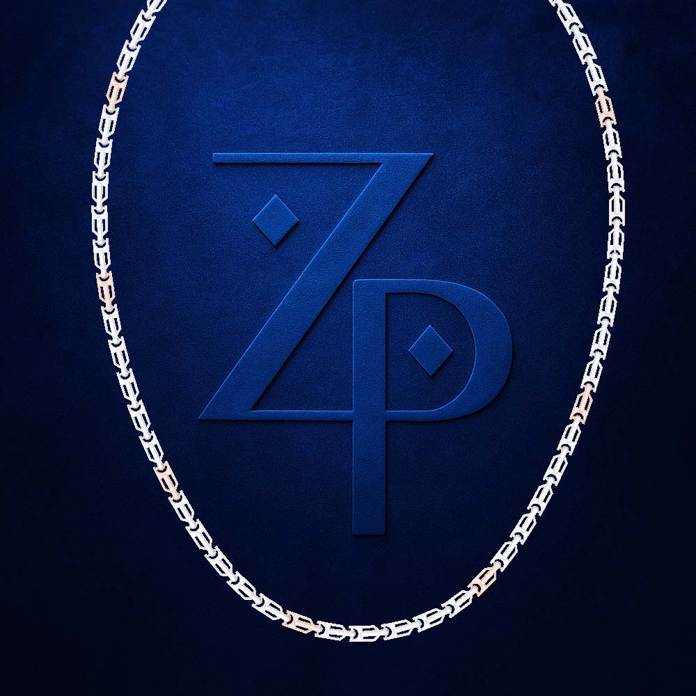 A dark blue textured background featuring a large embossed stylized 'ZP' monogram in matching blue, surrounded by a silver chain forming an oval frame.