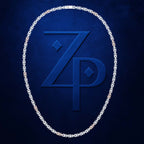 A silver chain necklace arranged in an oval shape against a dark blue textured background, framing a large embossed stylized 'ZP' logo.