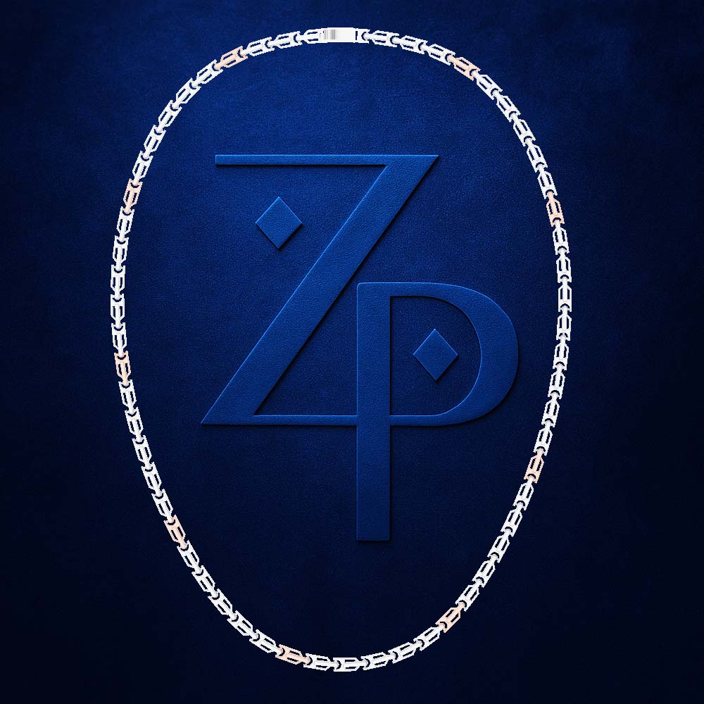 A silver chain necklace arranged in an oval shape against a dark blue textured background, framing a large embossed stylized 'ZP' logo.