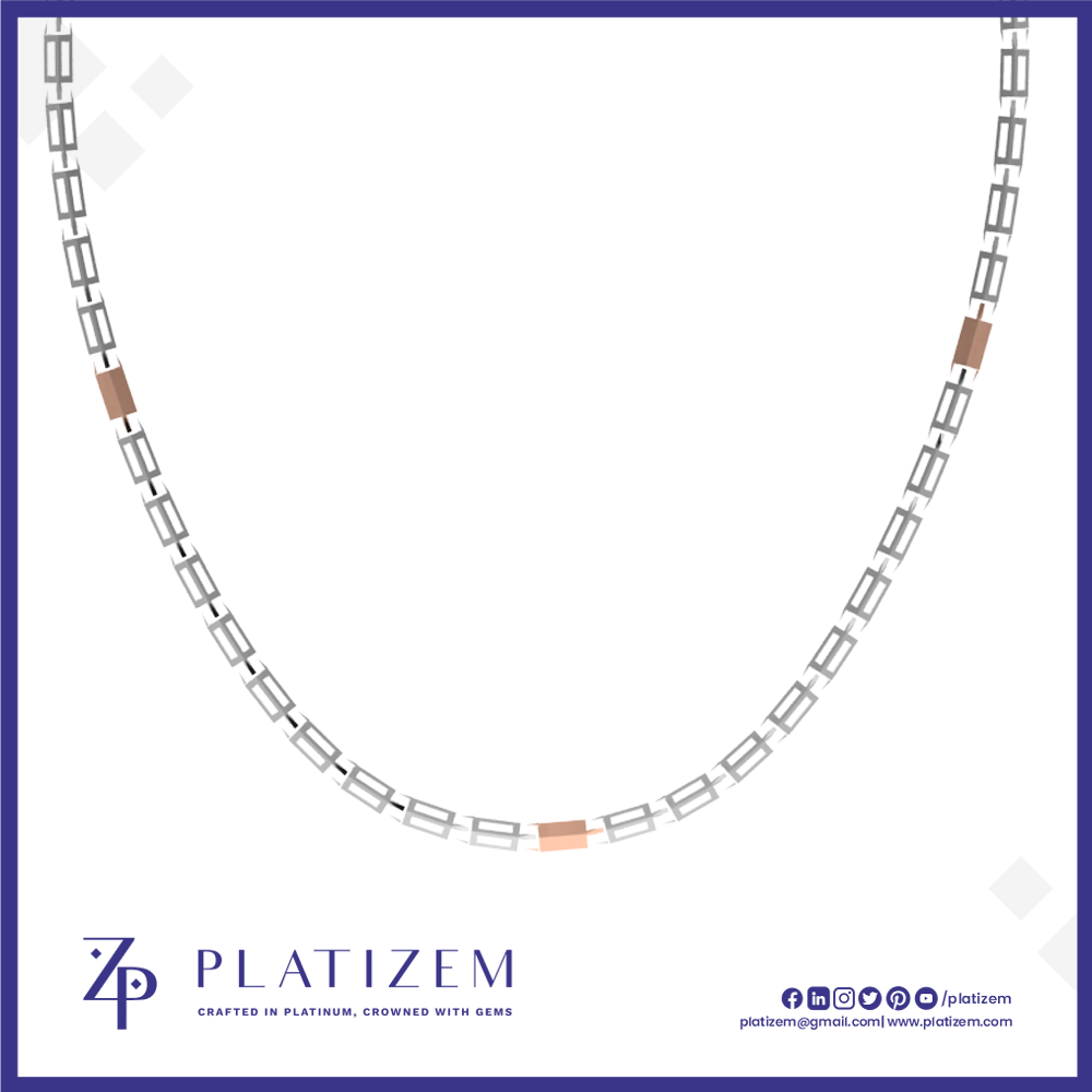 A silver-toned chain necklace with rectangular links and small rose gold cube accents, displayed on a white background with a blue border. The brand name 'PLATIZEM' is visible at the bottom.