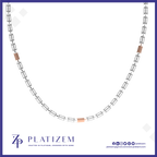 A silver-toned chain necklace with rectangular links and small rose gold cube accents, displayed on a white background with a blue border. The brand name 'PLATIZEM' is visible at the bottom.