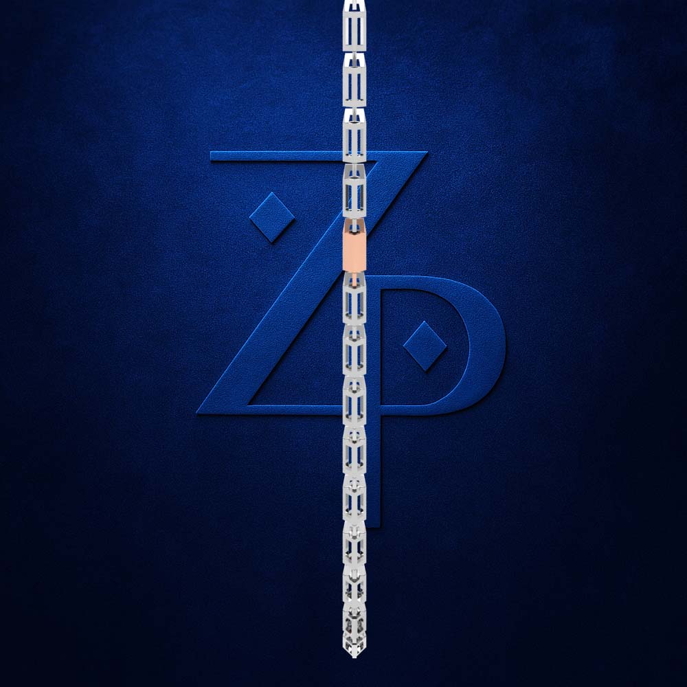 A silver metallic chain link strap with a small rose gold padlock in the center, displayed vertically against a dark textured blue background with a stylized blue 'ZP' logo.