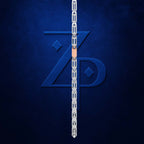 A silver metallic chain link strap with a small rose gold padlock in the center, displayed vertically against a dark textured blue background with a stylized blue 'ZP' logo.