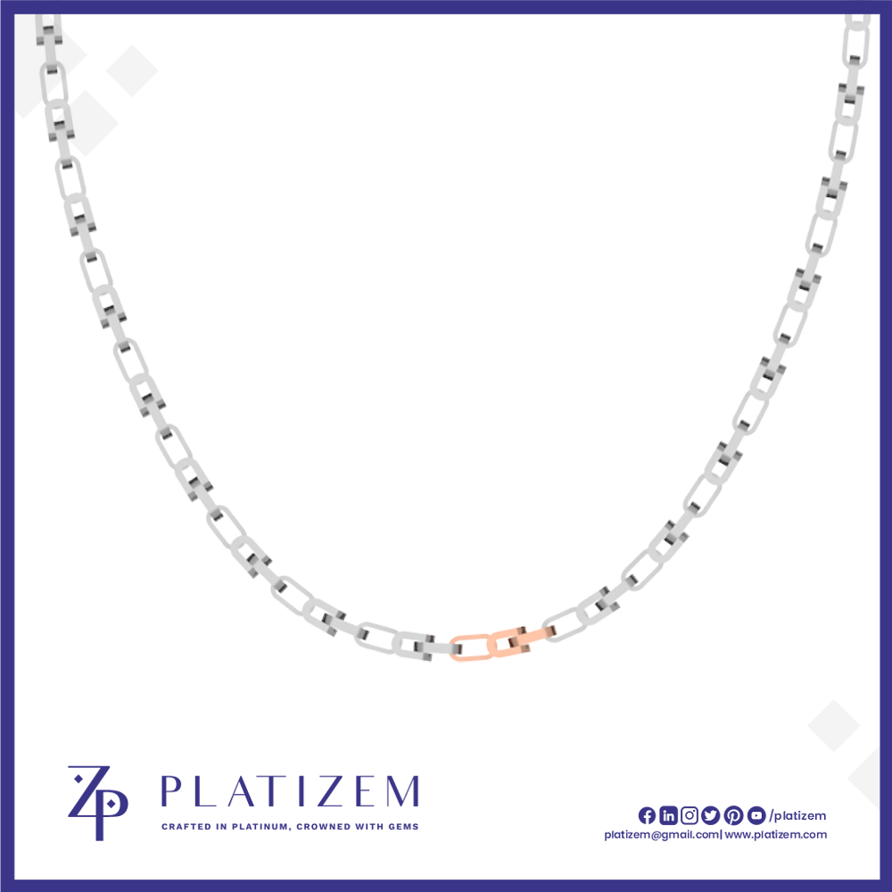 A silver-toned chain necklace with a single rose gold accent link at the bottom center, displayed on a white background with a blue border and the PLATIZEM brand logo at the bottom.
