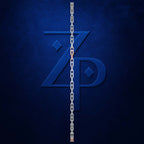 A stylized blue 'ZP' monogram logo on a dark blue textured background, with a vertical chain running down the center and small red and white accents on the chain links.