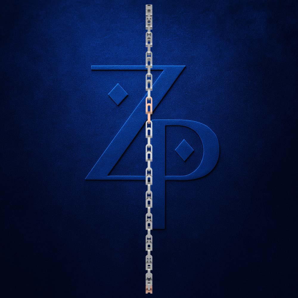 A stylized blue 'ZP' monogram logo on a dark blue textured background, with a vertical chain running down the center and small red and white accents on the chain links.