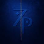 A dark blue textured background featuring a large embossed stylized 'ZP' monogram, with a white and orange measuring tape vertically draped down the center.