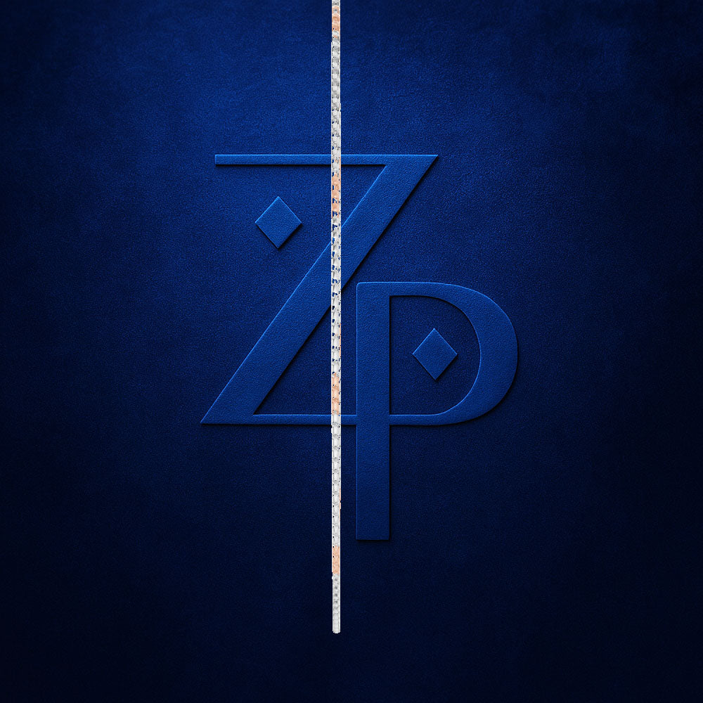A dark blue textured background featuring a large embossed stylized 'ZP' monogram, with a white and orange measuring tape vertically draped down the center.