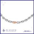 A close-up of a Platizem chain bracelet featuring a central rose gold oval link surrounded by silver faceted links, set against a white background with a blue border and brand logo.