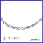 A close-up of a Platizem chain bracelet featuring a central rose gold oval link surrounded by silver faceted links, set against a white background with a blue border and brand logo.