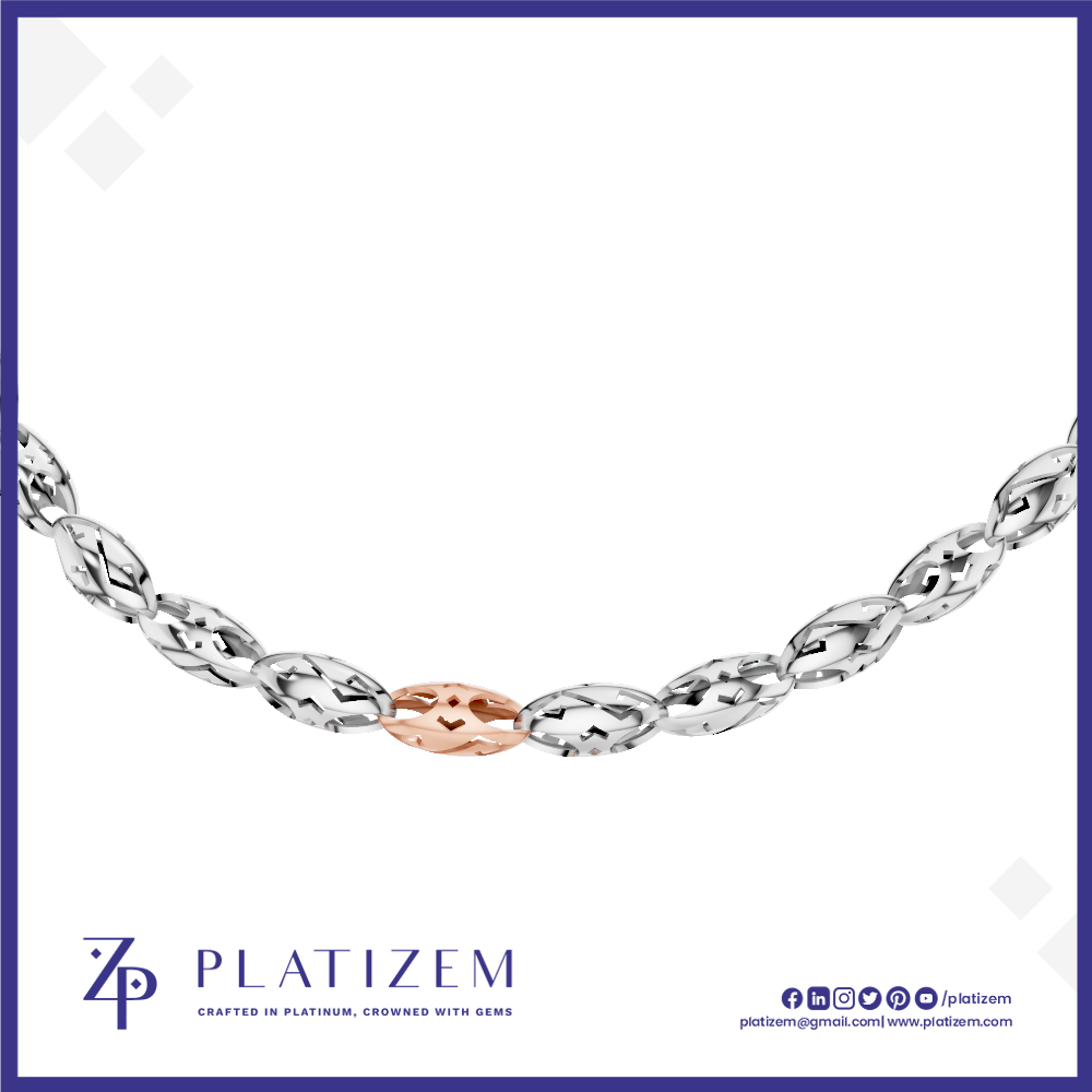 A close-up of a Platizem chain bracelet featuring a central rose gold oval link surrounded by silver faceted links, set against a white background with a blue border and brand logo.