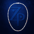 A silver-toned twisted rope chain necklace with small rose gold accents, arranged in an oval shape against a dark blue textured background with a large embossed 'ZP' logo.