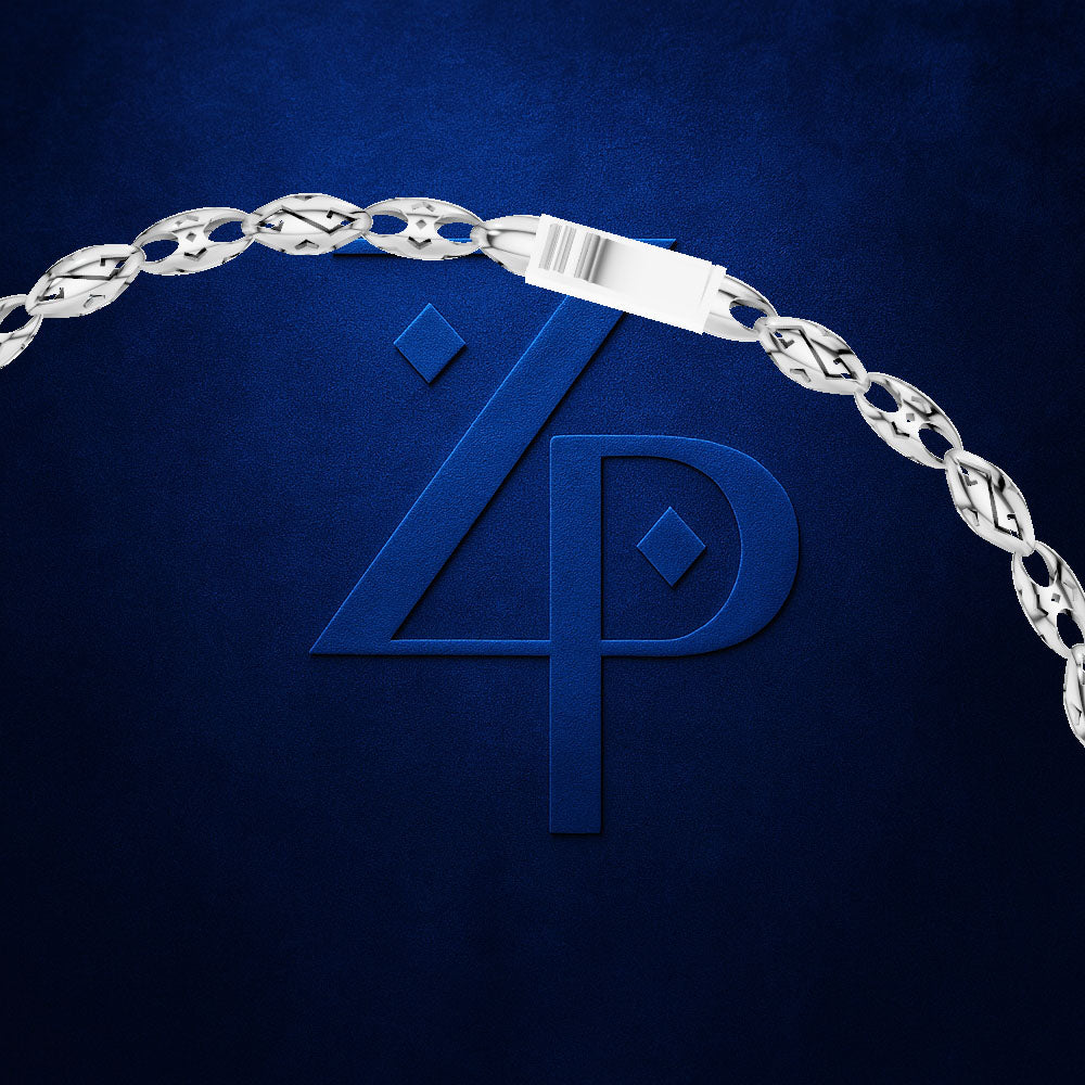 A silver chain necklace with a distinctive interlocking '4P' design, draped in an arch over a dark blue textured background with a matching embossed '4P' logo.
