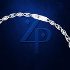 A silver chain necklace with a distinctive interlocking '4P' design, draped in an arch over a dark blue textured background with a matching embossed '4P' logo.