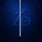 A close-up of a dark blue textured surface featuring a stylized interlocking 'Z' and 'P' monogram, with a silver twisted rope hanging vertically down the center.
