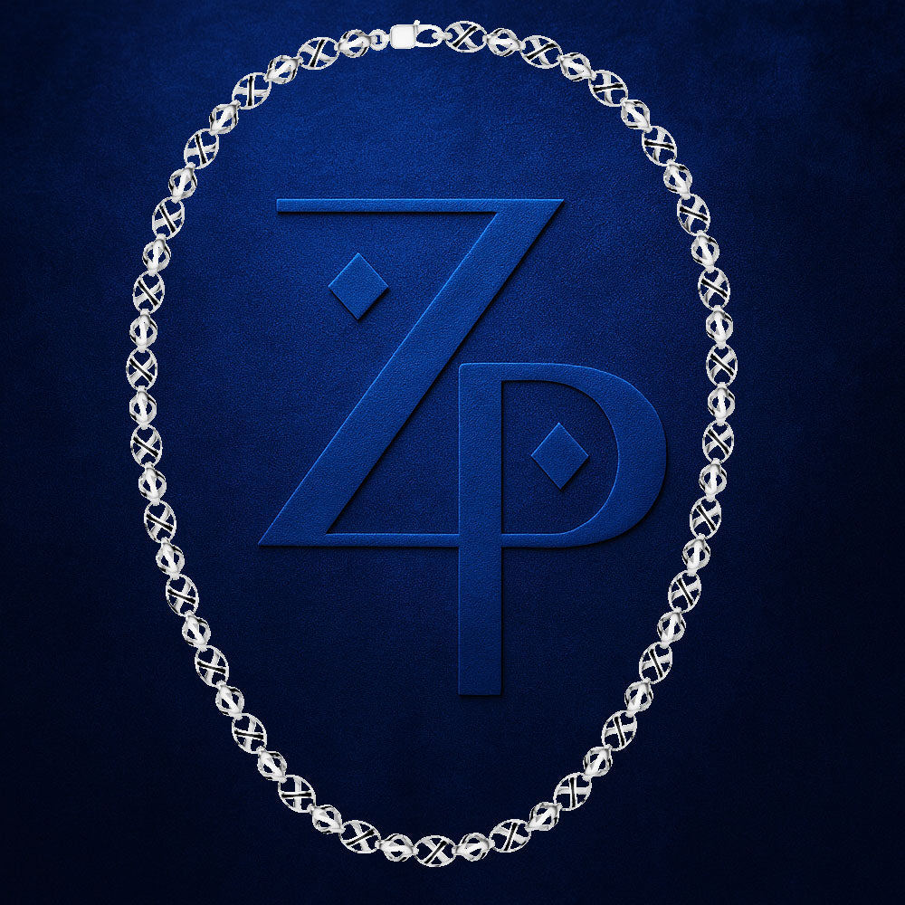 A silver-toned chain necklace arranged in an oval shape against a dark blue textured background, with a large embossed 'ZP' logo centered behind it.