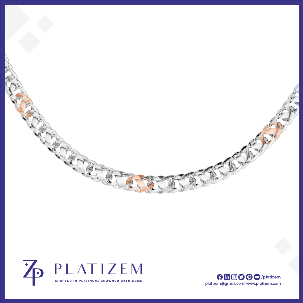 A silver-toned curb link chain necklace with alternating rose gold oval links, displayed against a white background with the Platizem brand logo at the bottom.