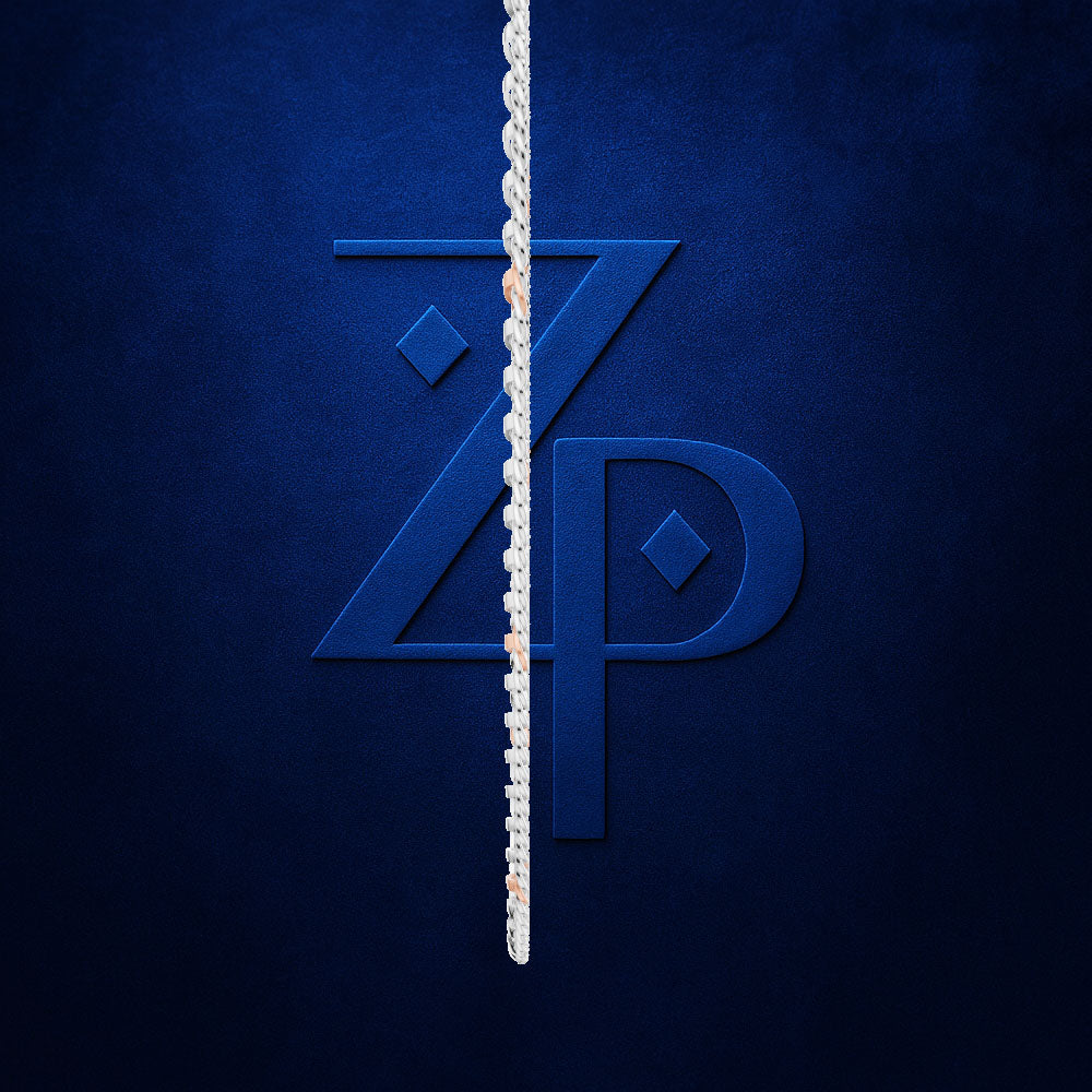 A stylized blue 'ZP' monogram logo on a dark blue textured background, with a white rope running vertically down the center.