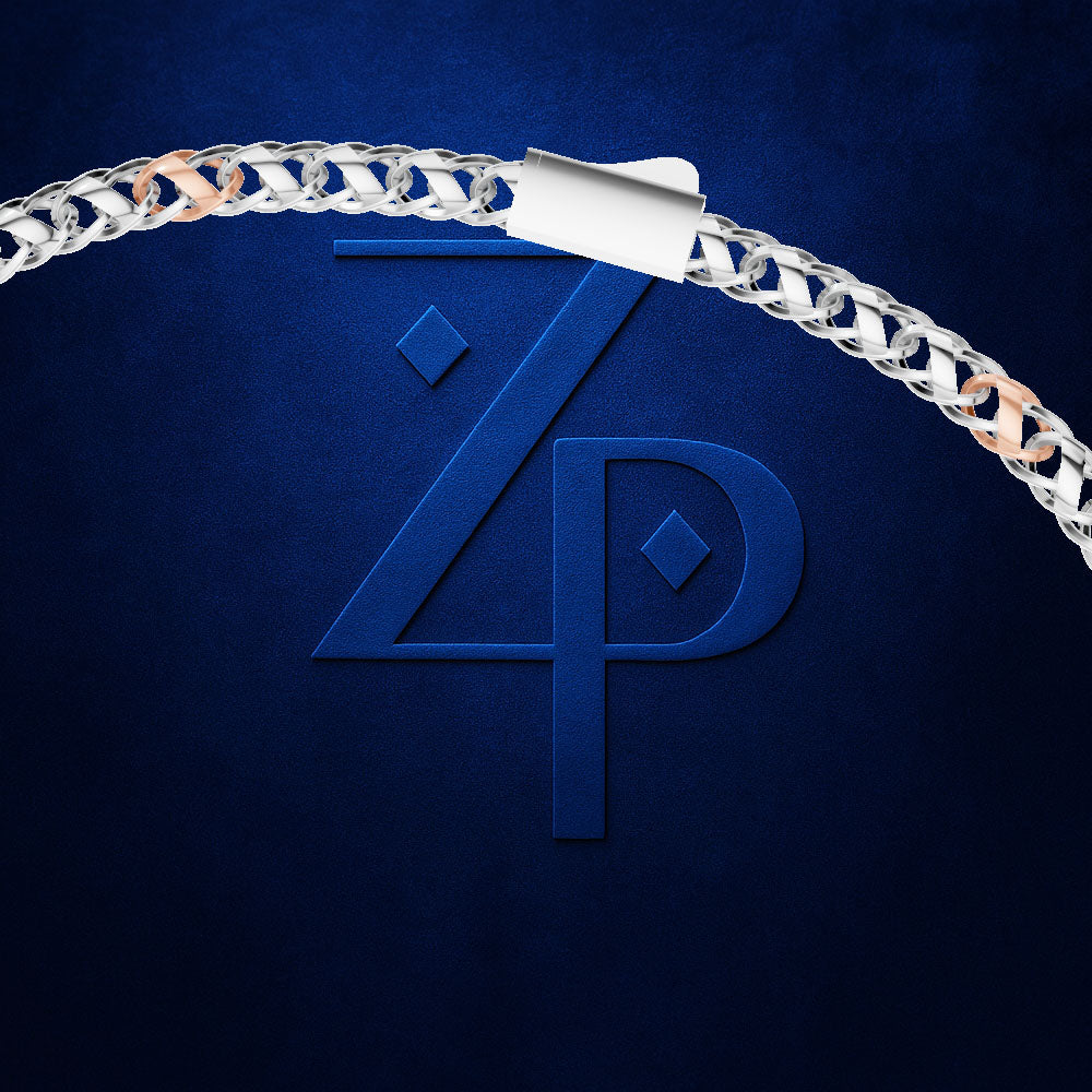 A close-up of a silver chain bracelet with a white paper clip clasp, set against a dark textured blue background with a large embossed 'ZP' logo.
