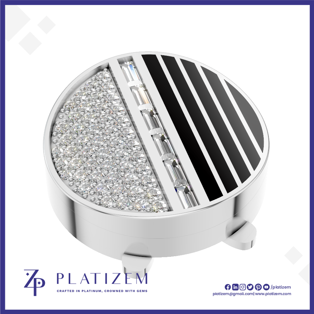 A round silver-toned jewelry setting or ring base with a split design: one half encrusted with clear stones and the other half featuring black diagonal stripes, shown on a white background with the Platizem brand logo at the bottom.