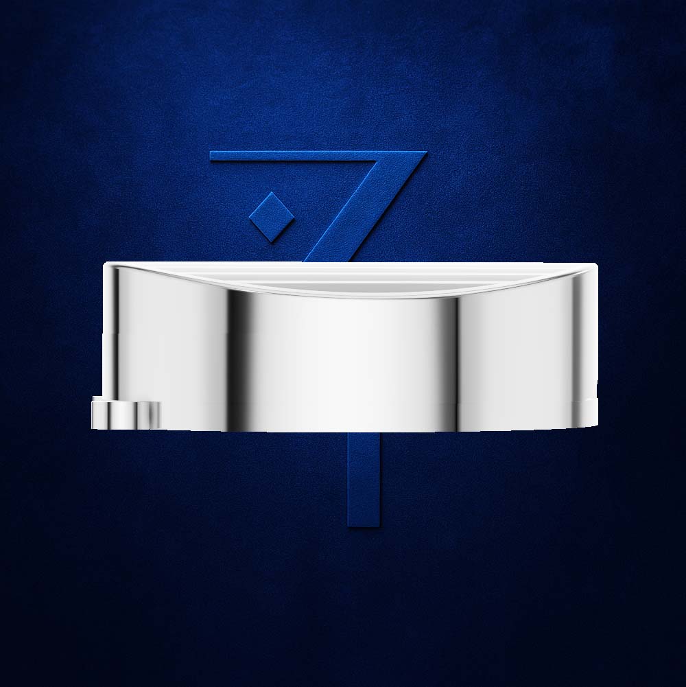 A polished silver metallic watch band or bracelet shown against a dark textured blue background with a stylized blue number 7 behind it.