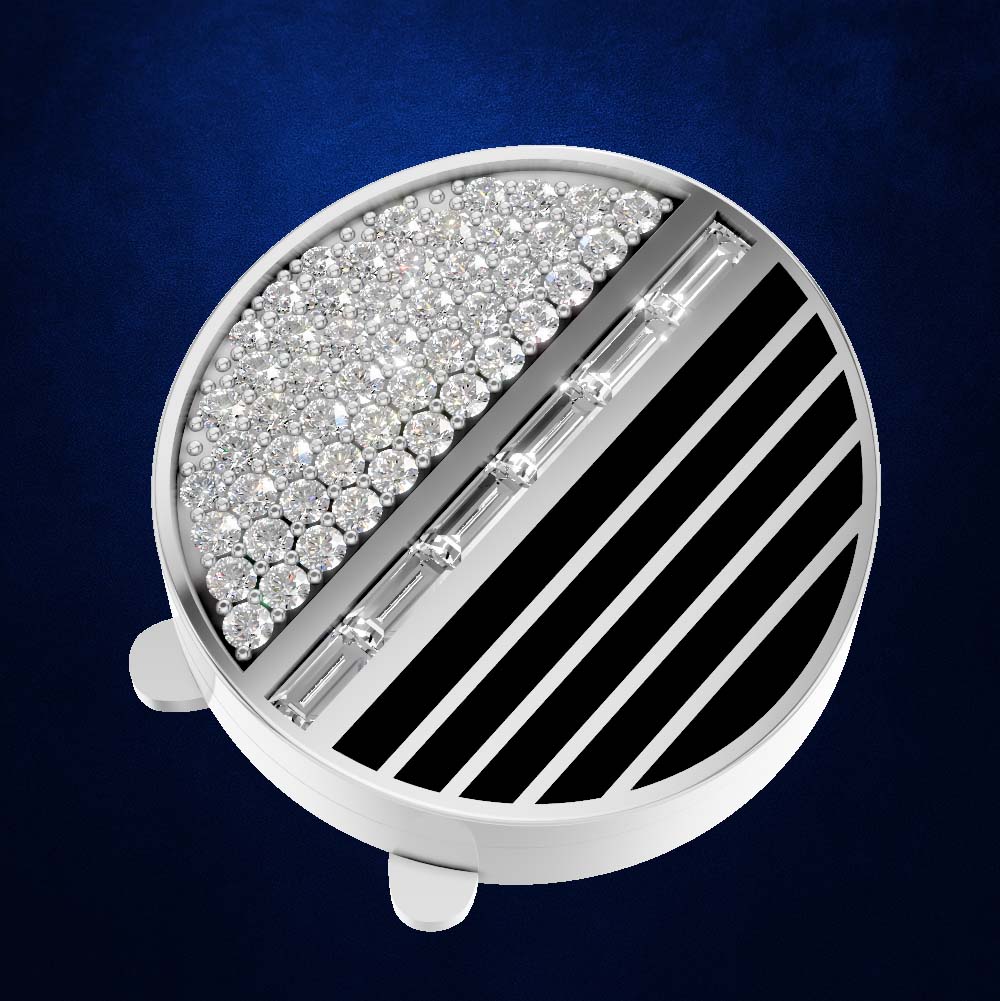 A round silver-toned jewelry compact or cosmetic case with a split design: one half covered in clear pavé stones and the other half featuring bold black diagonal stripes, shown on a dark blue textured background.