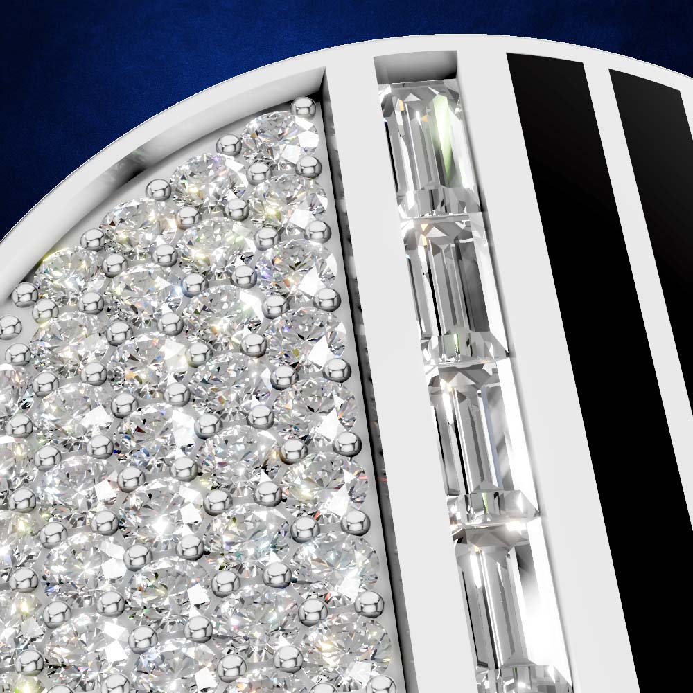 Close-up of a white jewelry setting filled with clear round and baguette-cut gemstones, set against a deep blue background.