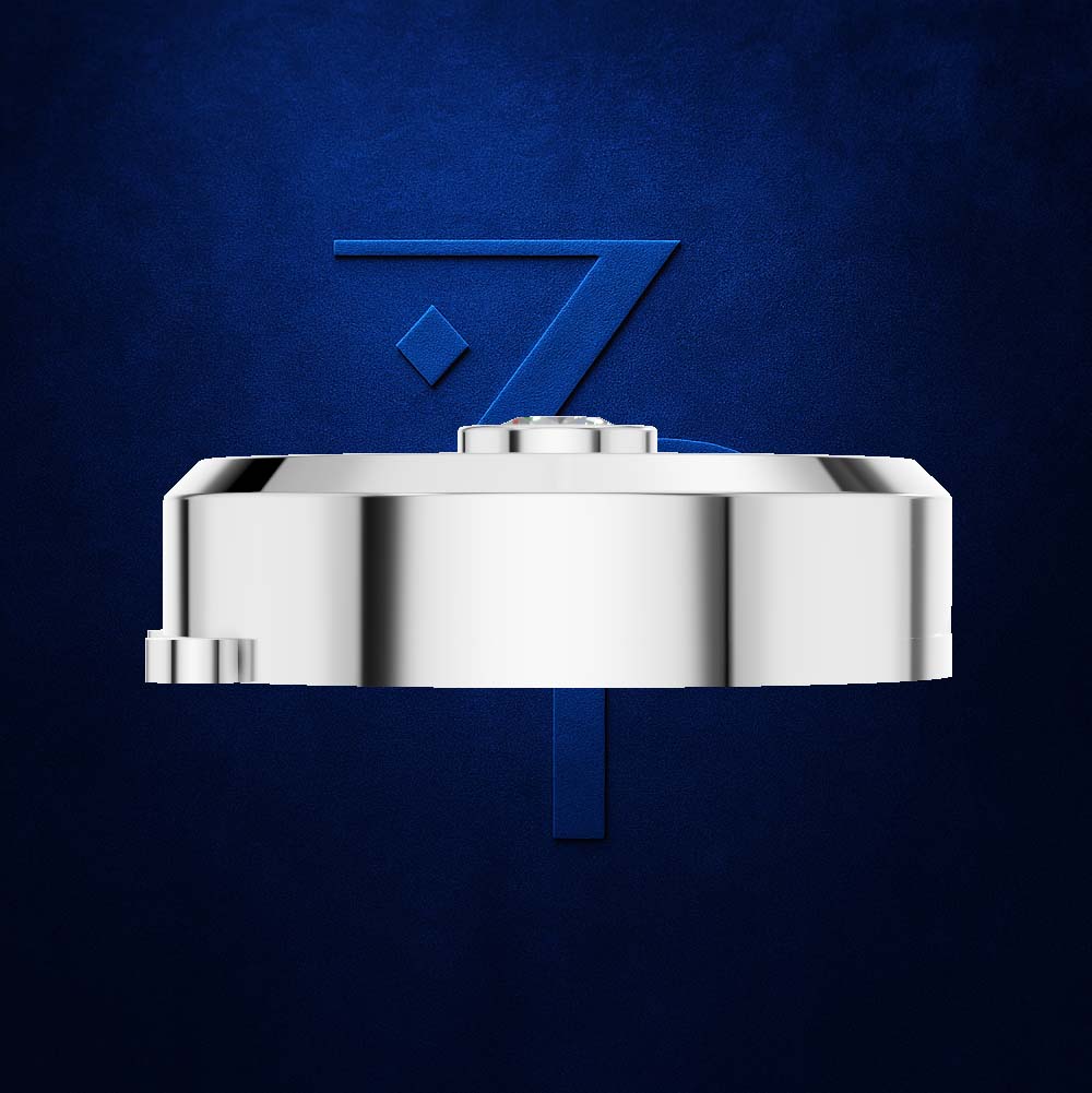 A polished silver metallic watch band or bracelet component shown from the side against a textured dark blue background, with a stylized blue 'Z' logo behind it.