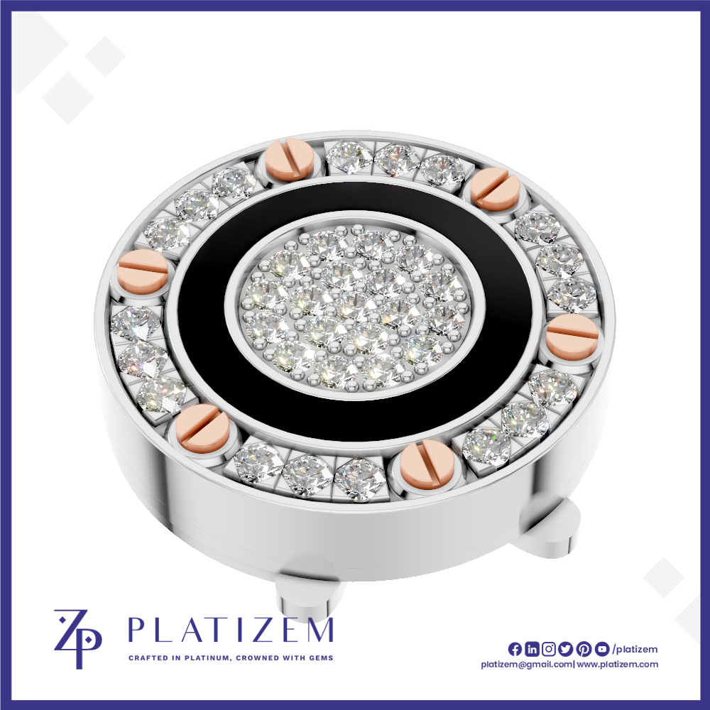 A round silver-toned jewelry component or decorative piece featuring a black circular band, a central cluster of clear stones, and a surrounding ring of clear stones with rose gold screw accents, shown on a white background with the brand name PLATIZEM at the bottom.
