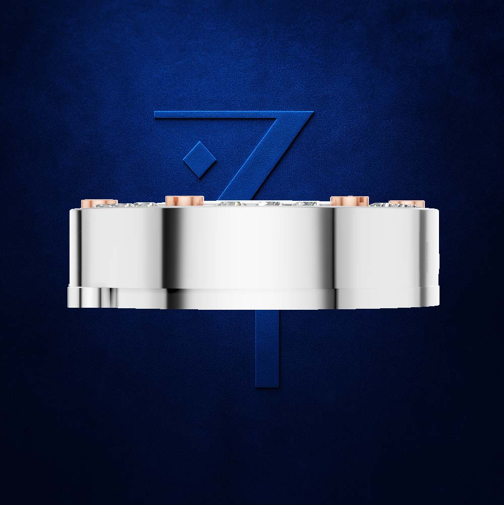 A polished silver cylindrical product with small copper-colored end caps, centered against a textured dark blue background with a large stylized blue number 7 behind it.