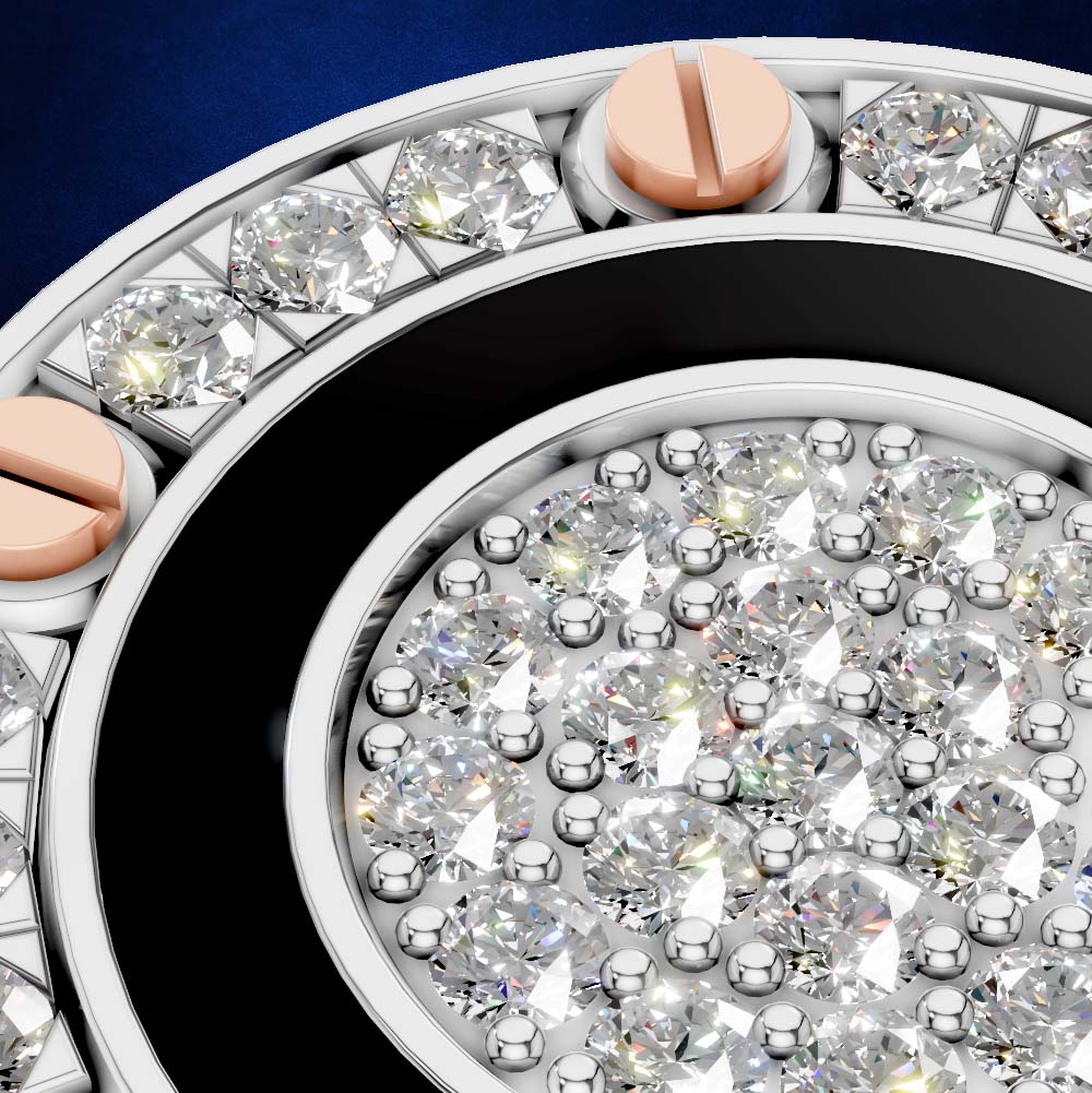 Close-up of a luxury watch dial and bezel featuring a dense pavé setting of round diamonds, a black inner ring, silver-toned case, and two rose gold pill-shaped date wheels.