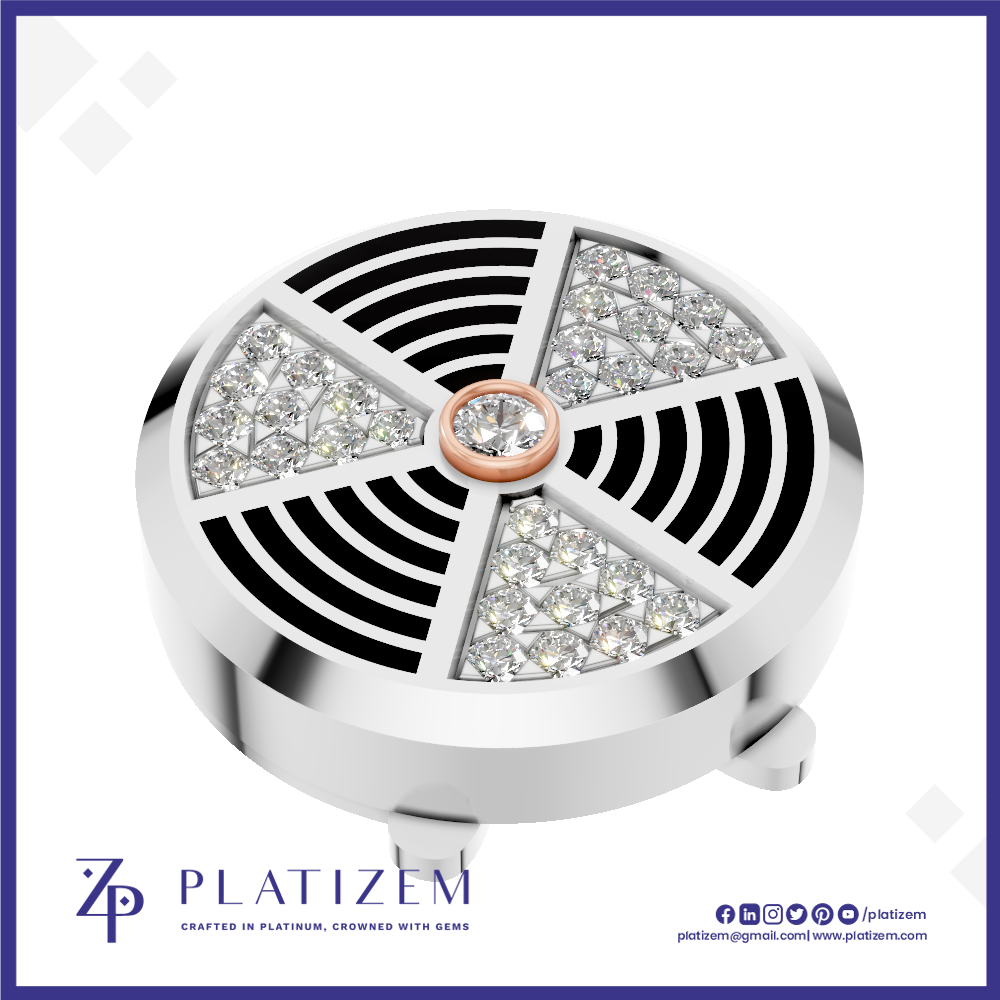 A round silver-toned jewelry setting or decorative piece with a circular center and five triangular sections set with clear gemstones, shown on a white background with the brand name PLATIZEM at the bottom.